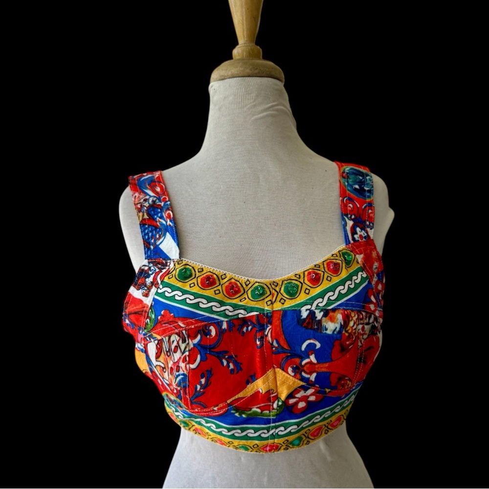L'atiste by Amy Red Print Bustier Crop Top Sz M Jeweled Boho Colorful Bralette